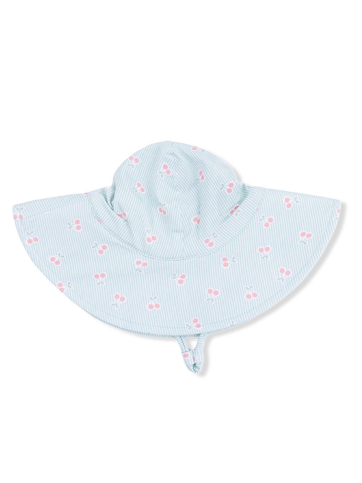 Light blue sun hat with pink cherry patterns and wide brim, designed for sun protection.