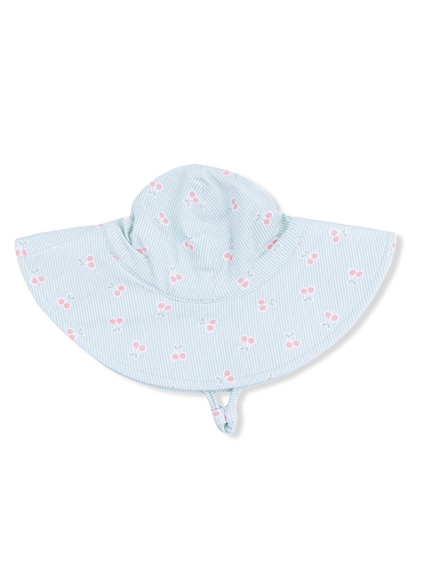 Light blue sun hat with pink cherry patterns and wide brim, designed for sun protection.