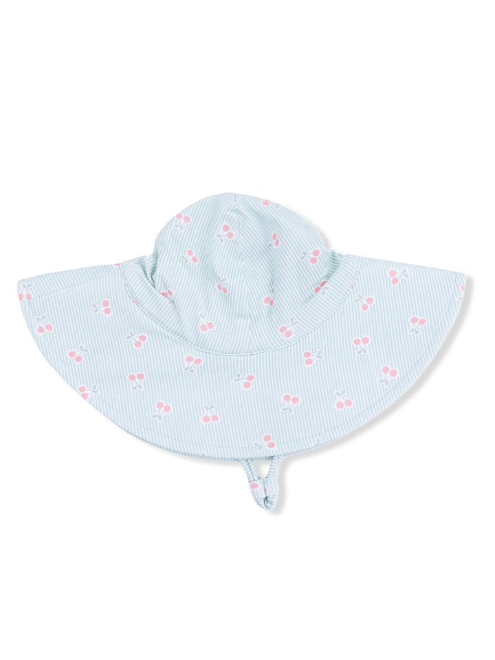 Light blue sun hat with pink cherry patterns and wide brim, designed for sun protection.