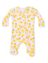 Pale pink onesie patterned with yellow lemons and green leaves, featuring footed design and zip closure.