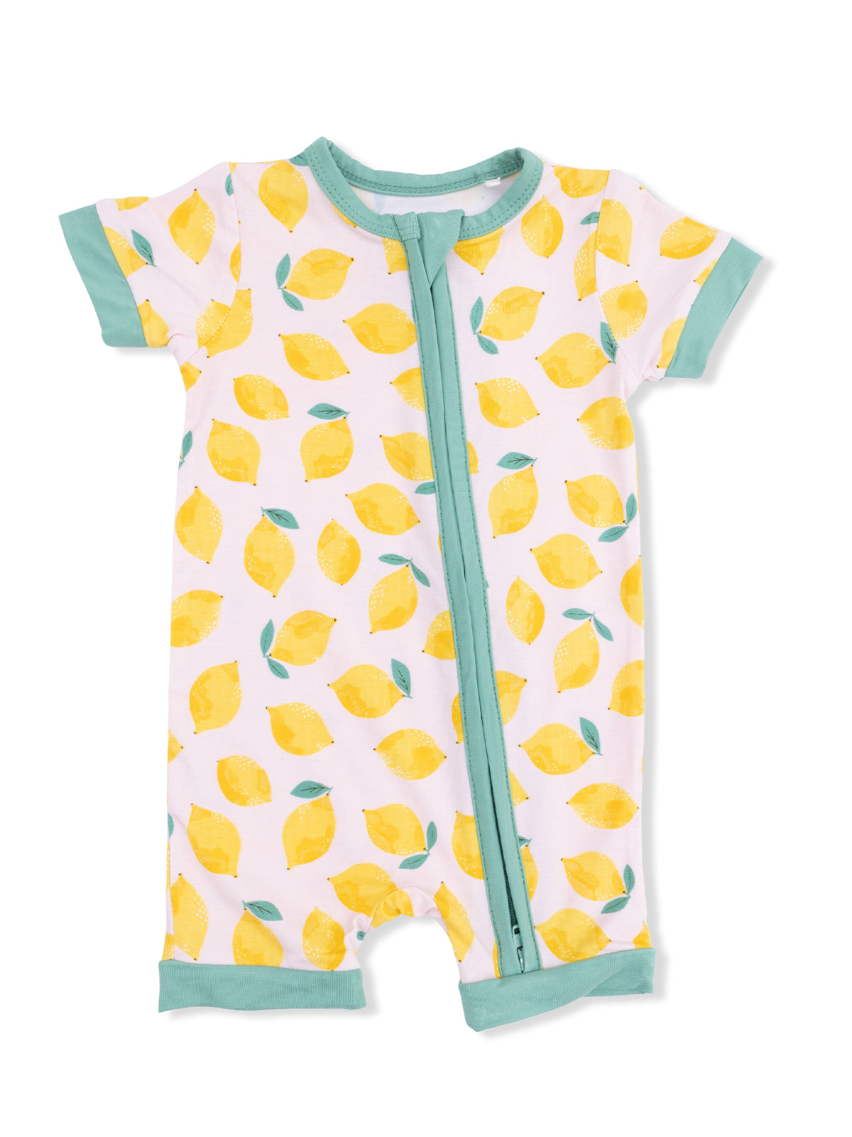 Baby romper featuring a lemon pattern with mint green trim and a front zipper. Ideal for summer wear.