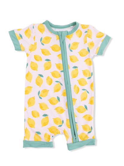 Baby romper featuring a lemon pattern with mint green trim and a front zipper. Ideal for summer wear.
