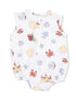 White baby romper with beach-themed prints: crabs, seashells, sun, and castles in pastel colors.