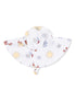 White sun hat with beach-themed prints, including suns, seashells, and sandcastles. Ideal for sunny day protection.