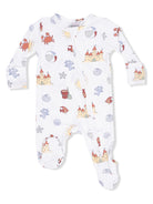 White baby onesie with beach-themed print: crabs, sandcastles, seashells, and sea creatures.