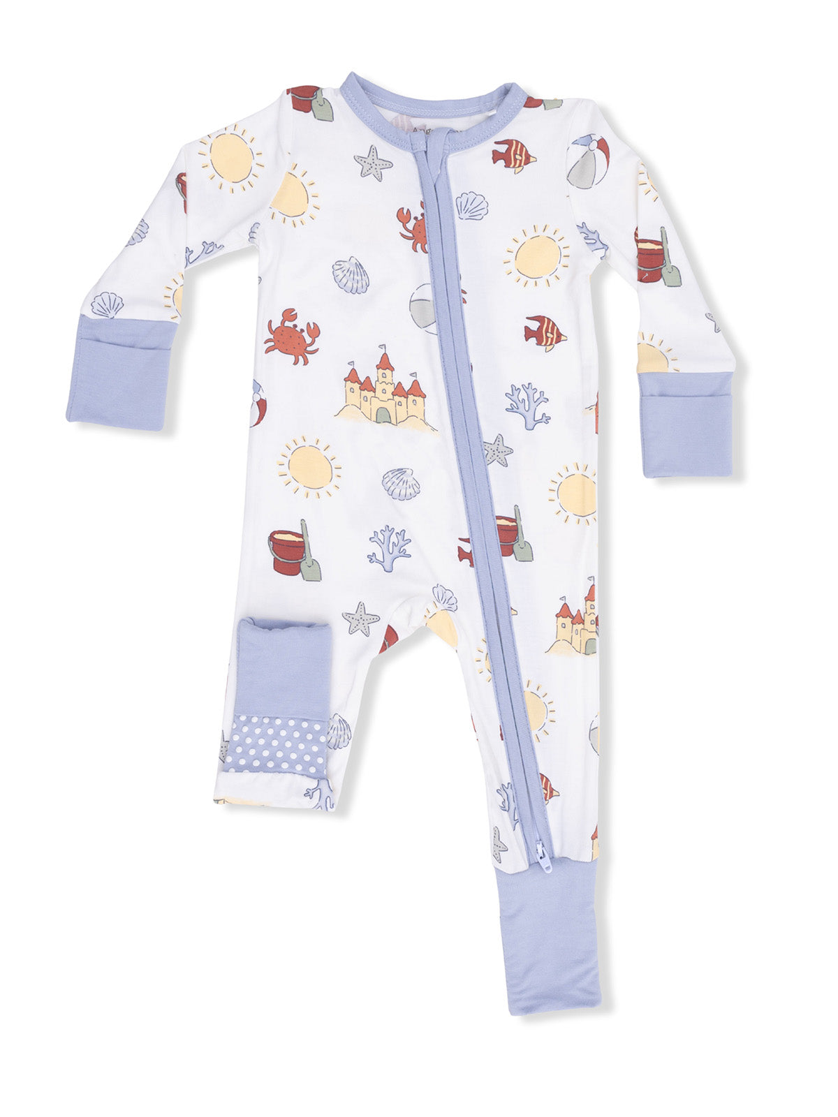 Lightweight baby pajamas with beach-themed print, featuring sun, sea creatures, and colorful castles.