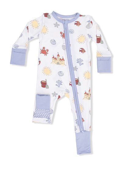 Lightweight baby pajamas with beach-themed print, featuring sun, sea creatures, and colorful castles.