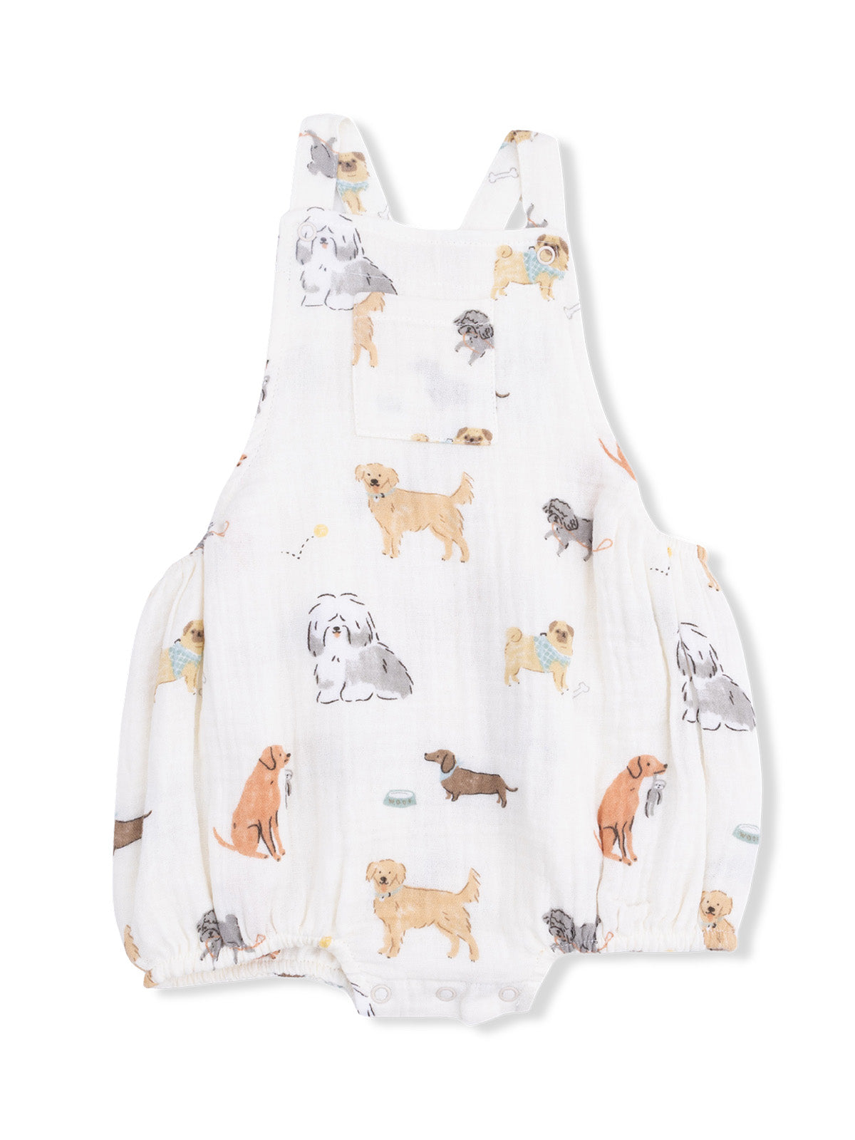 White romper featuring various playful dog illustrations in soft, colorful designs. Perfect for dog lovers.