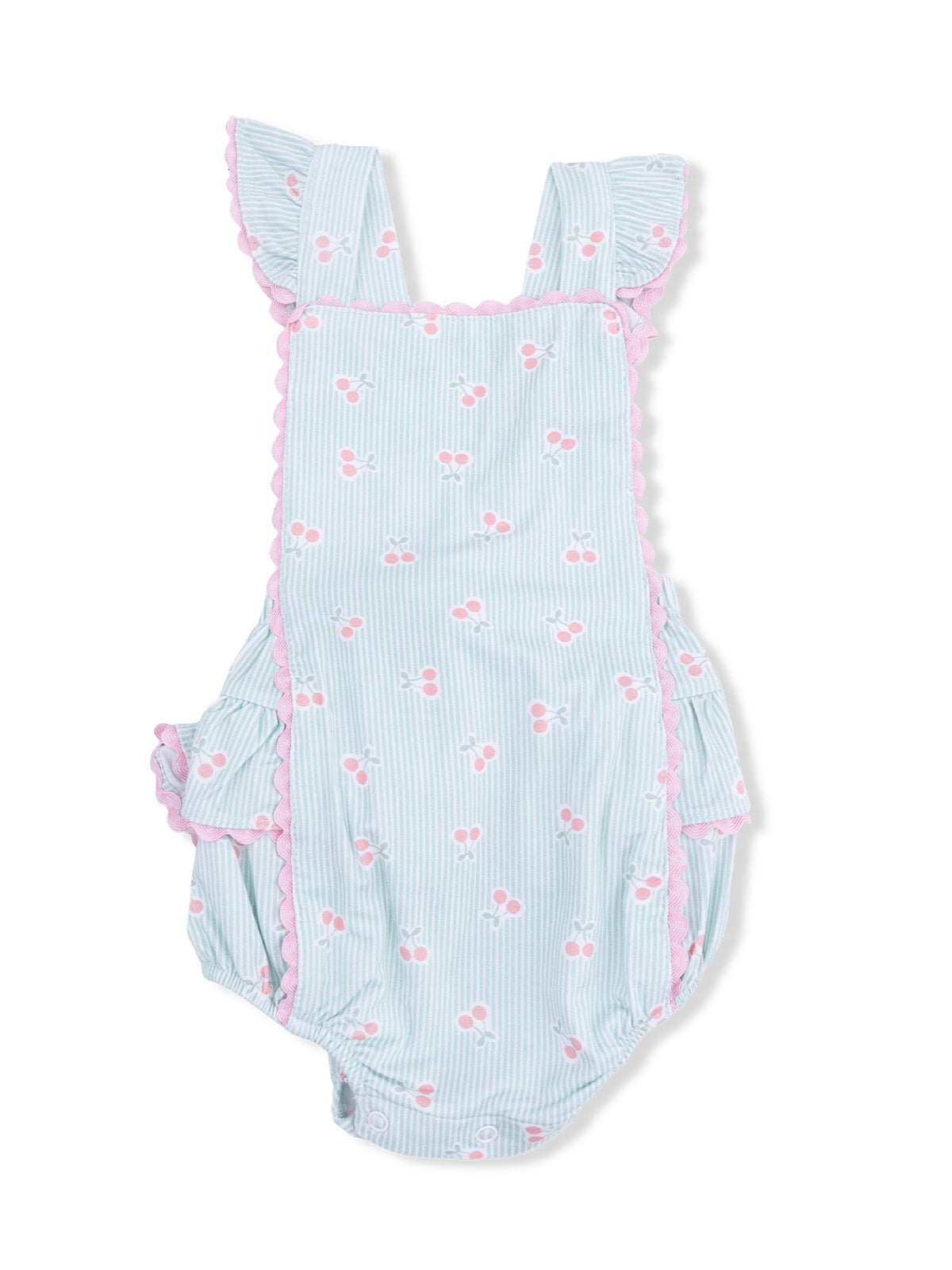Light blue baby romper with pink cherry pattern and ruffled sleeves, perfect for warm weather play.