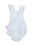 Light blue baby romper with pink cherry pattern and ruffled sleeves, perfect for warm weather play.