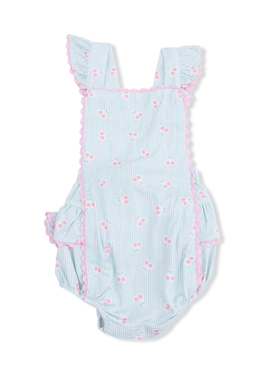 Light blue baby romper with pink cherry pattern and ruffled sleeves, perfect for warm weather play.