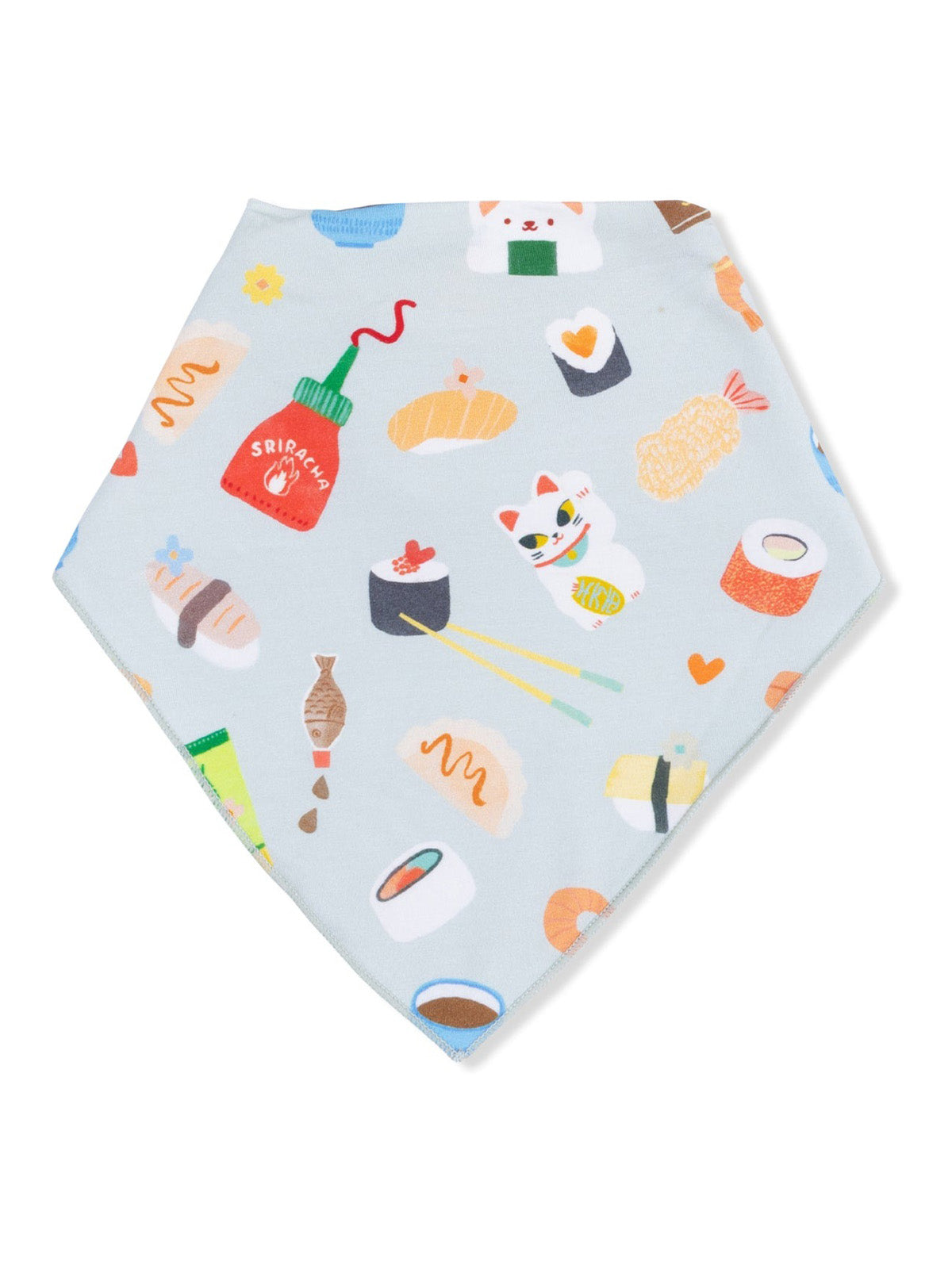 Sushi-themed bandana with colorful food illustrations on a light blue background.