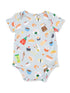 Light blue baby onesie with colorful sushi and food print, featuring adorable animal designs and cheerful motifs.