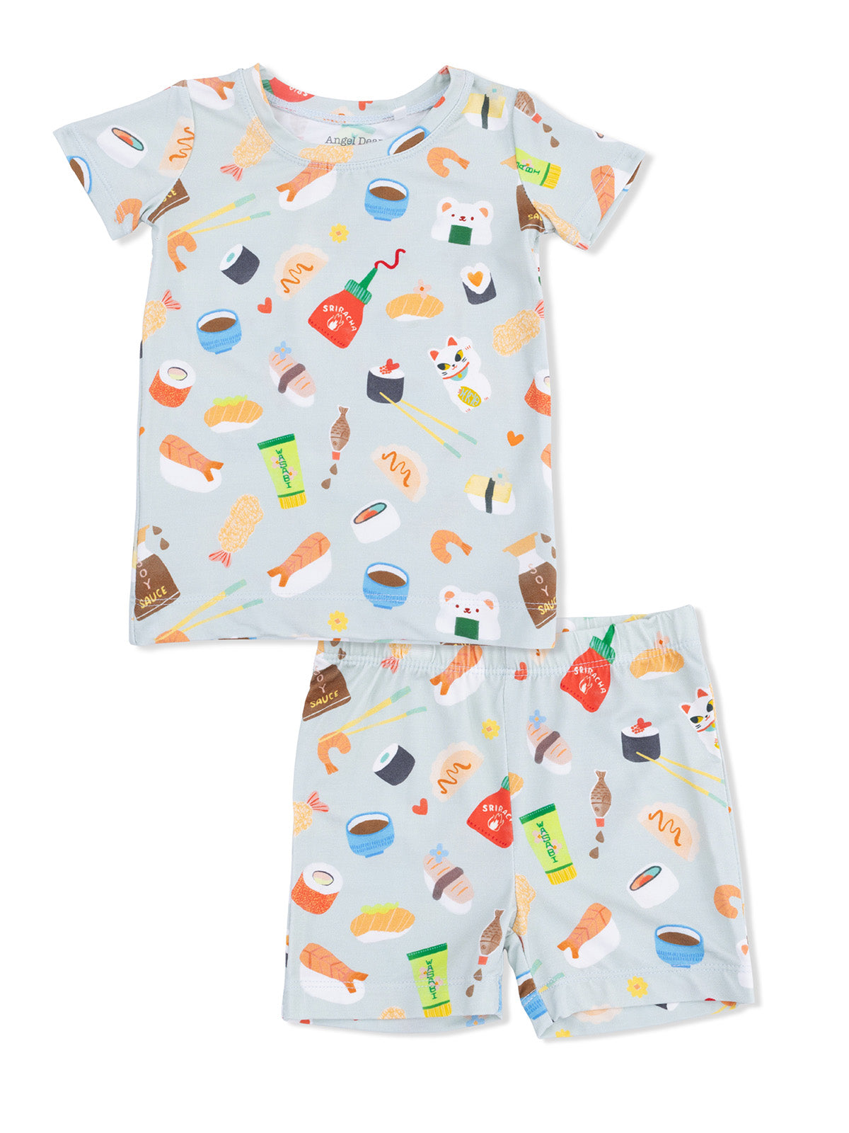Light blue kids' pajamas featuring cute food patterns like sushi, shrimp, and sauces. Short-sleeve top and shorts design.