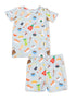 Light blue kids' pajamas featuring cute food patterns like sushi, shrimp, and sauces. Short-sleeve top and shorts design.