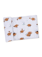 Playful football-themed fabric featuring cartoonish footballs and playful text like "Touchdown!" on a light background.