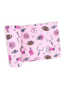 Pink fabric featuring football-themed patterns, including helmets, footballs, pom-poms, and stars.