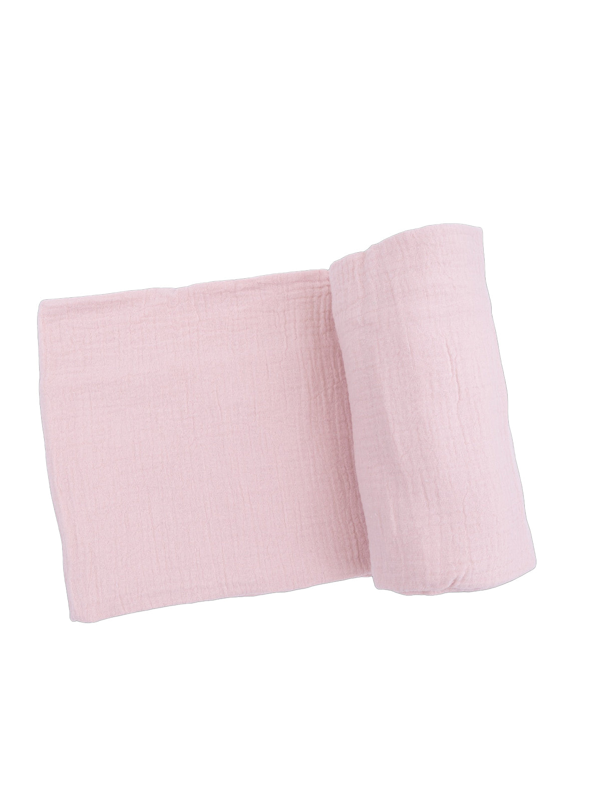 Light pink muslin fabric rolled and partially unfolded on a white background.