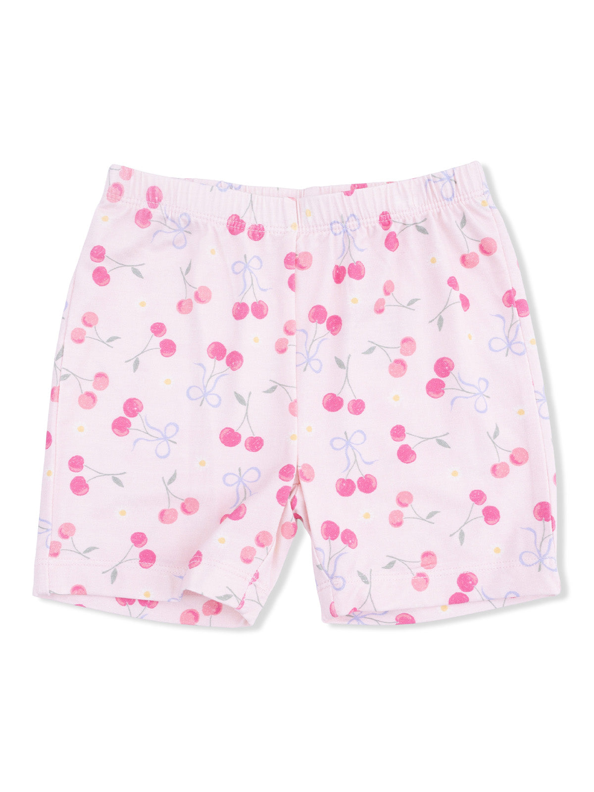 Light pink shorts with a cherry and bow pattern, designed for comfort and playfulness.