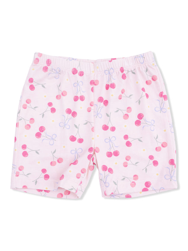Light pink shorts with a cherry and bow pattern, designed for comfort and playfulness.