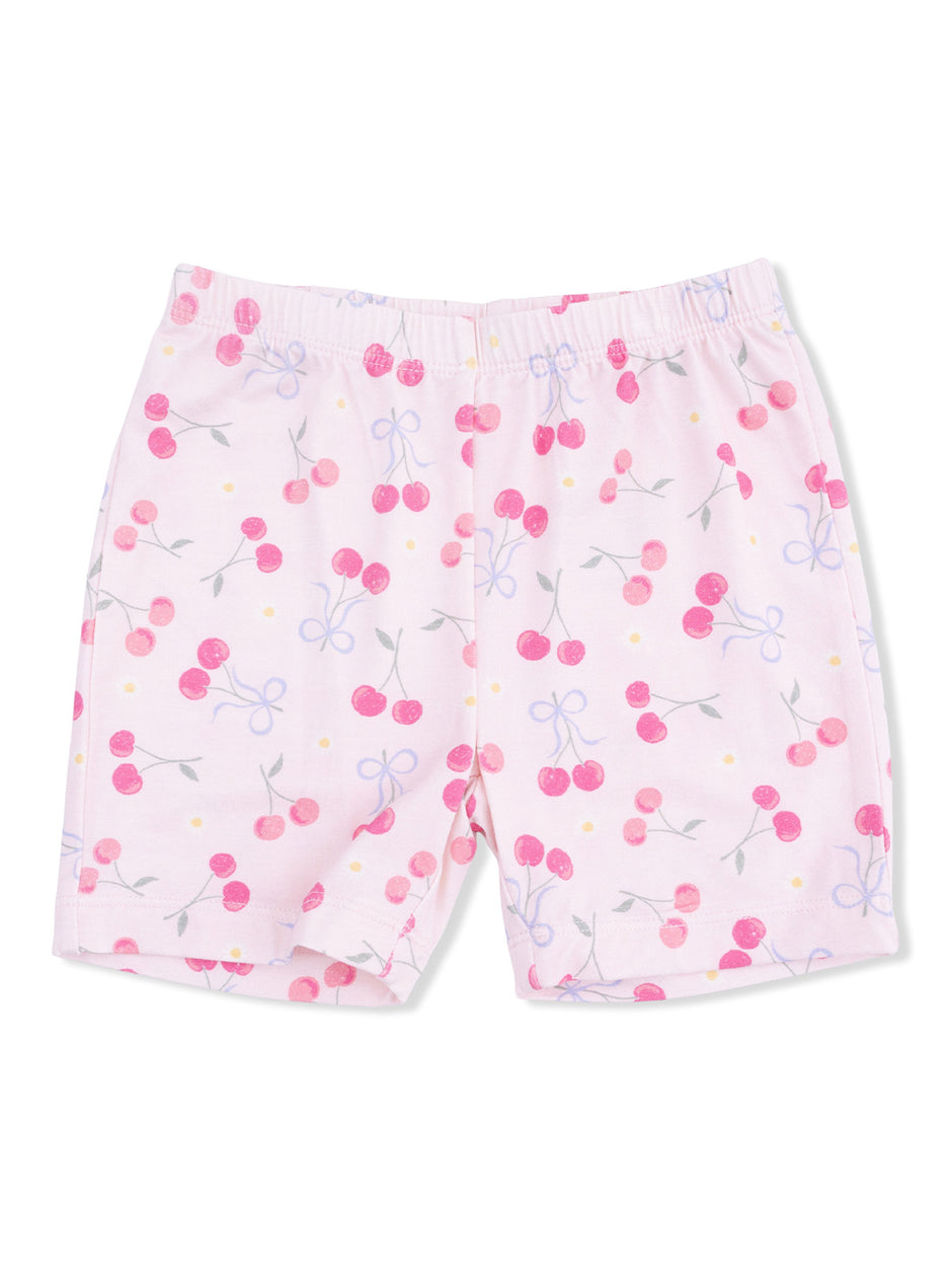 Light pink shorts with a cherry and bow pattern, designed for comfort and playfulness.