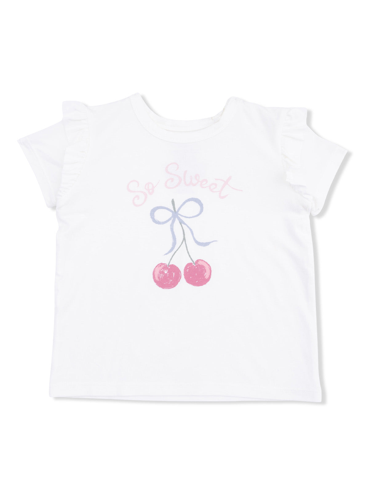 White t-shirt with ruffled sleeves, featuring the text "So Sweet" and a graphic of two cherries.