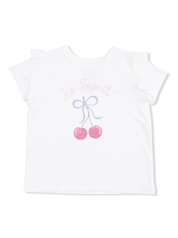 White t-shirt with ruffled sleeves, featuring the text "So Sweet" and a graphic of two cherries.