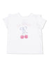 White t-shirt with ruffled sleeves, featuring the text "So Sweet" and a graphic of two cherries.
