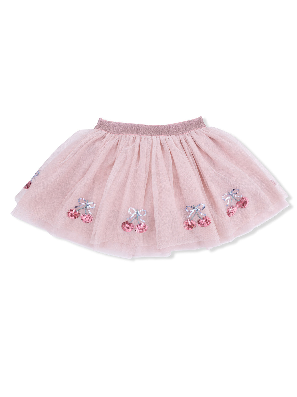 Pink tulle skirt with embroidered cherry designs and bows, featuring a soft elastic waistband.