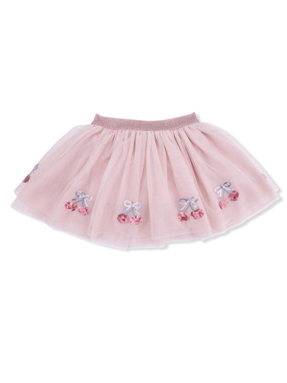 Pink tulle skirt with embroidered cherry designs and bows, featuring a soft elastic waistband.