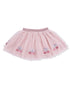 Pink tulle skirt with embroidered cherry designs and bows, featuring a soft elastic waistband.