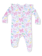 Baby onesie with colorful bow print, featuring ruffled shoulders and a front zipper.