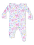 Baby onesie with colorful bow print, featuring ruffled shoulders and a front zipper.