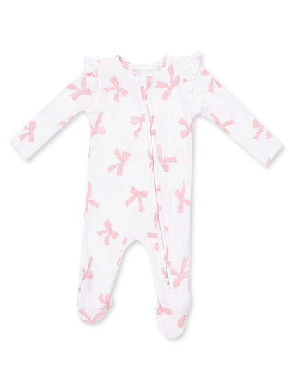 Ribbed Ruffle Sleeve 2-Way Zip Footie, Sweet Bows