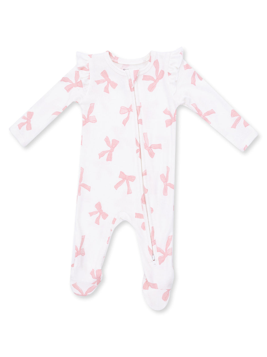 Ribbed Ruffle Sleeve 2-Way Zip Footie, Sweet Bows