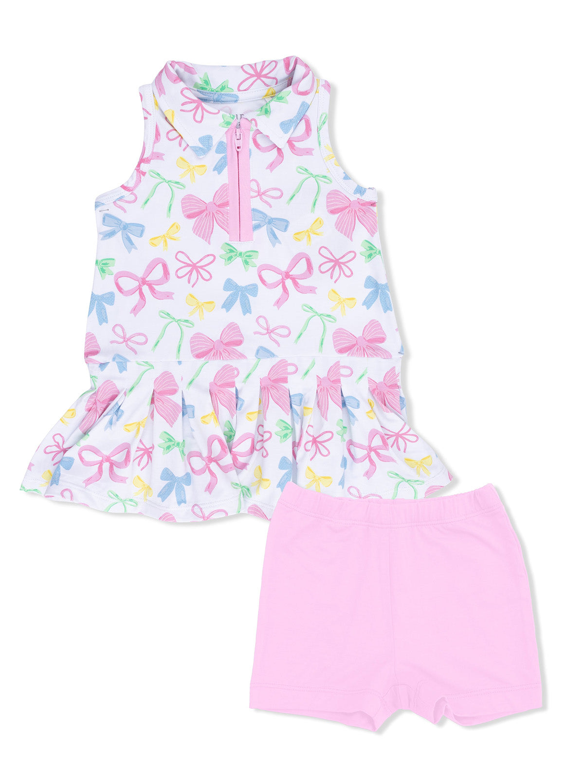 Girls' outfit featuring a sleeveless patterned top with bows and matching pink shorts.