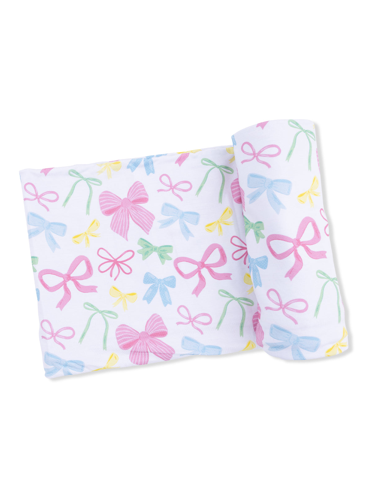 Colorful fabric featuring a pattern of assorted pastel bows on a white background.