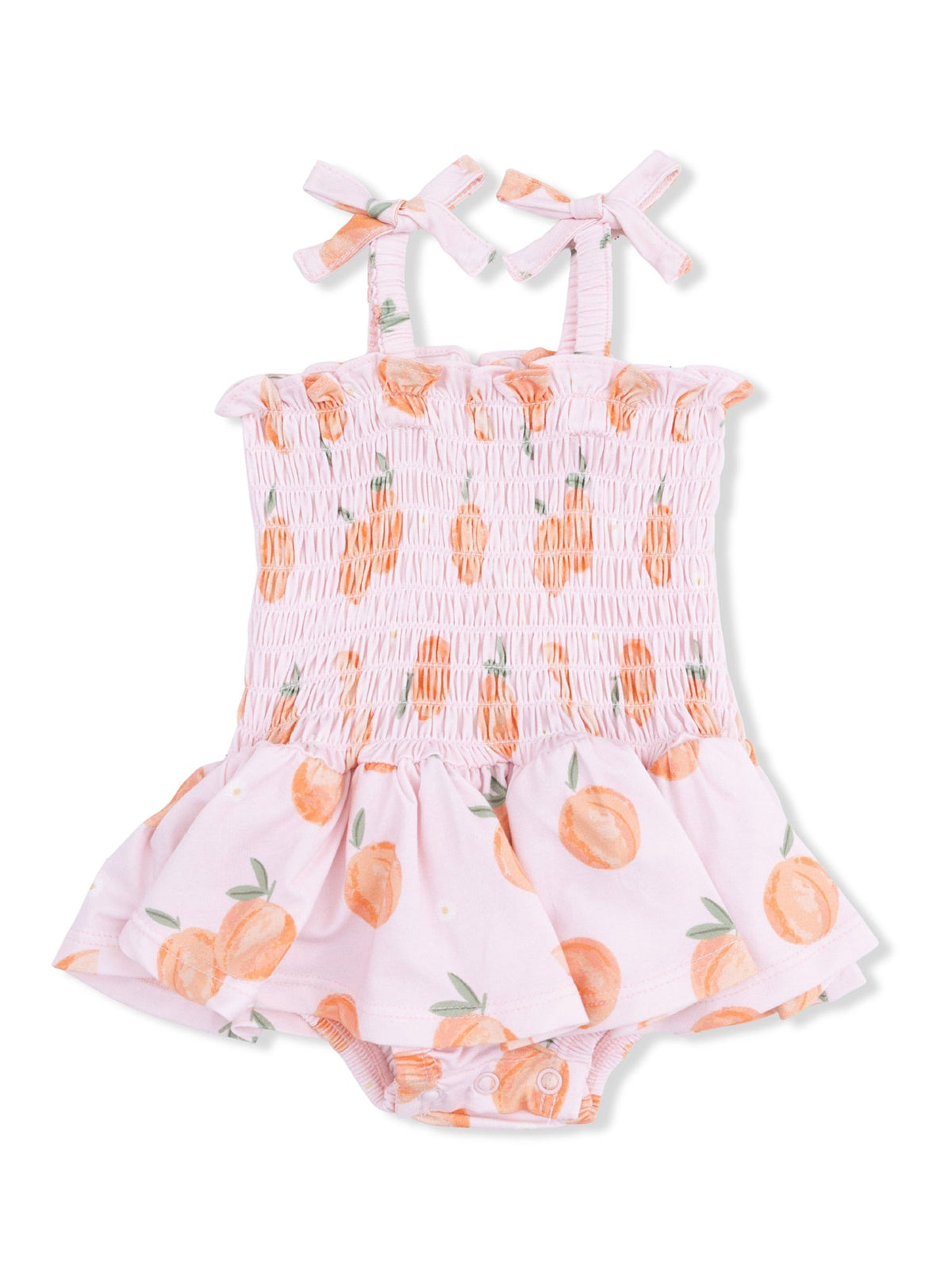 Pink baby romper with orange fruit print, smocked top, and ruffled skirt. Features shoulder bows.
