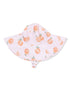 Pink hat with peach patterns and a wide brim, perfect for sun protection.