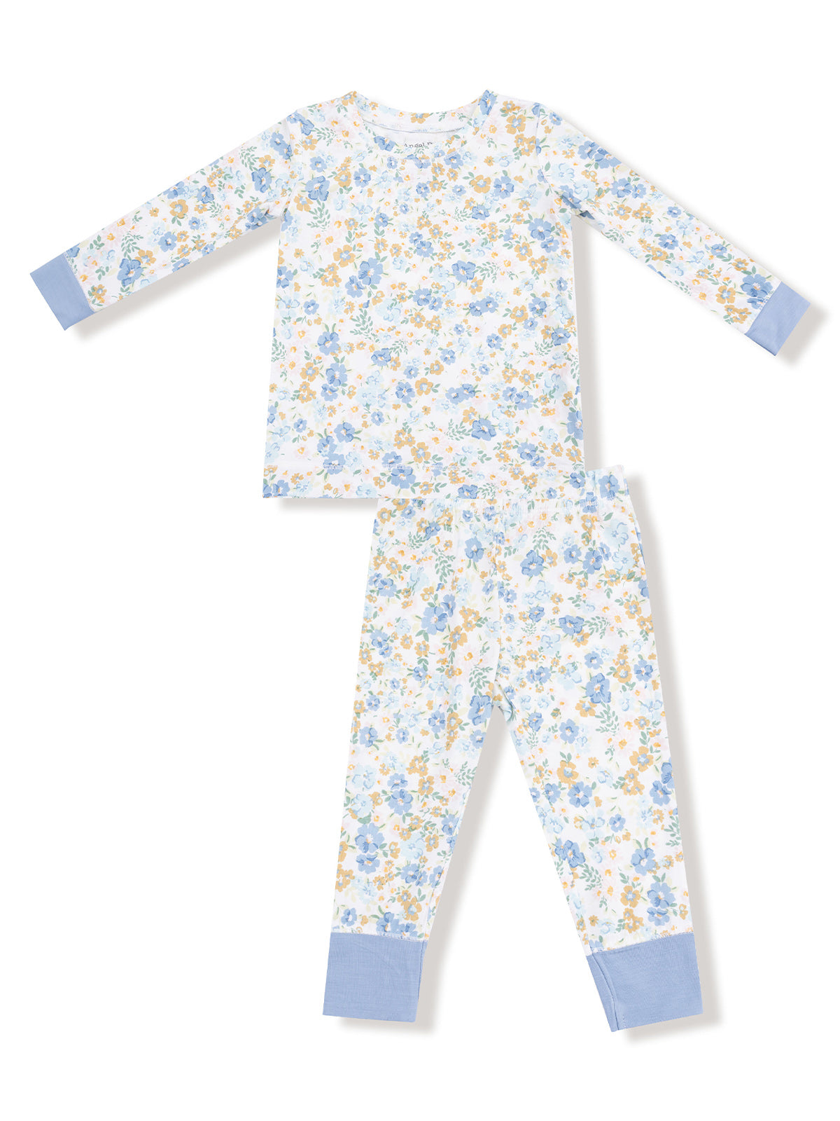 Floral children's pajama set featuring long sleeves and pants with blue trim and a white background.