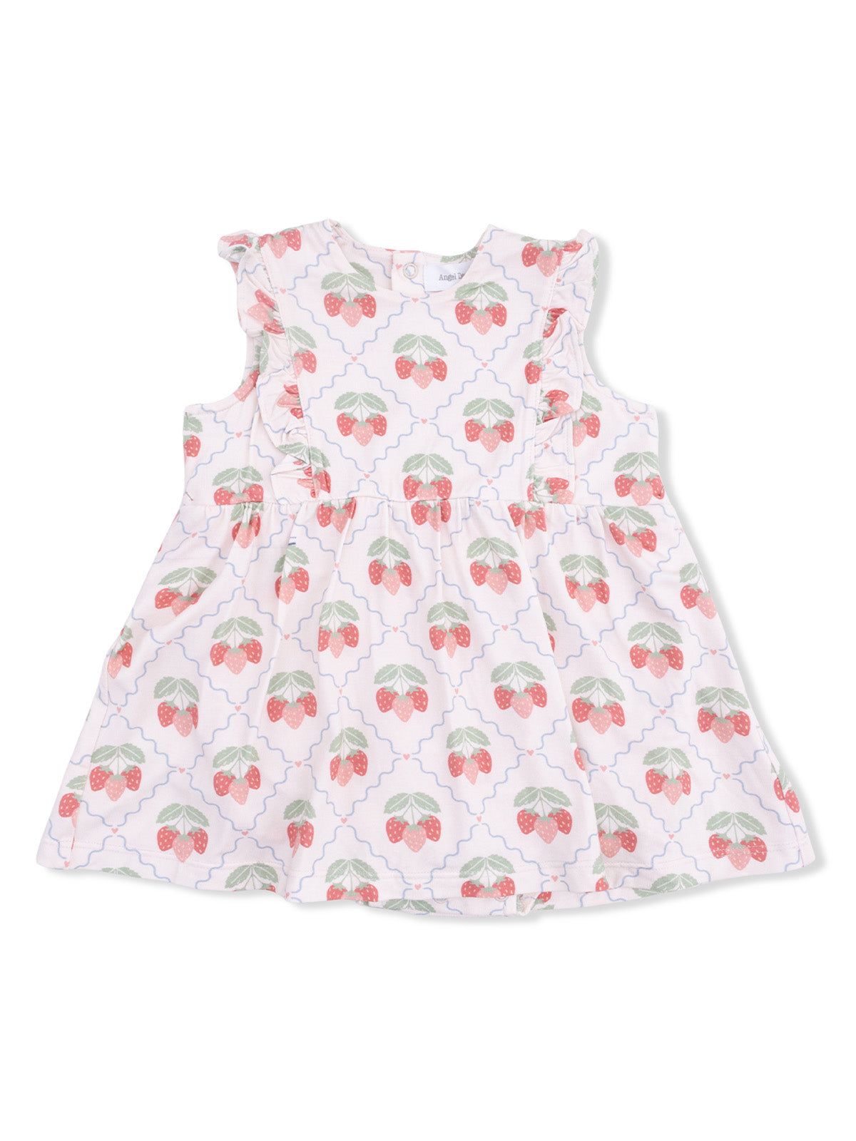 White dress with strawberry pattern and frilled sleeves, ideal for summer wear.