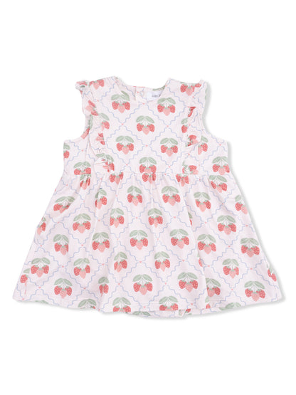 White dress with strawberry pattern and frilled sleeves, ideal for summer wear.