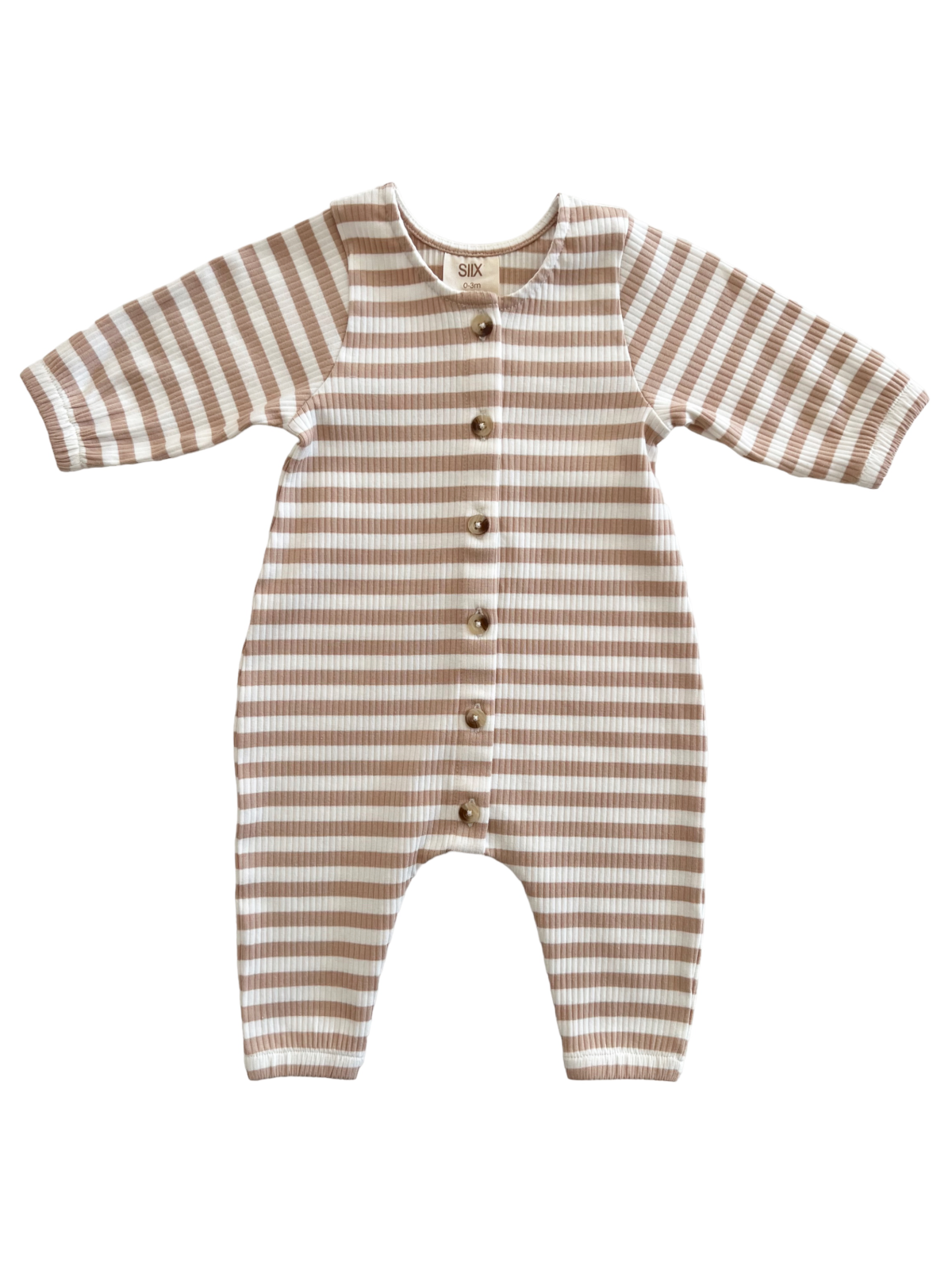 Striped baby onesie in cream and tan with button closure and long sleeves. Suitable for infants 0-3 months.