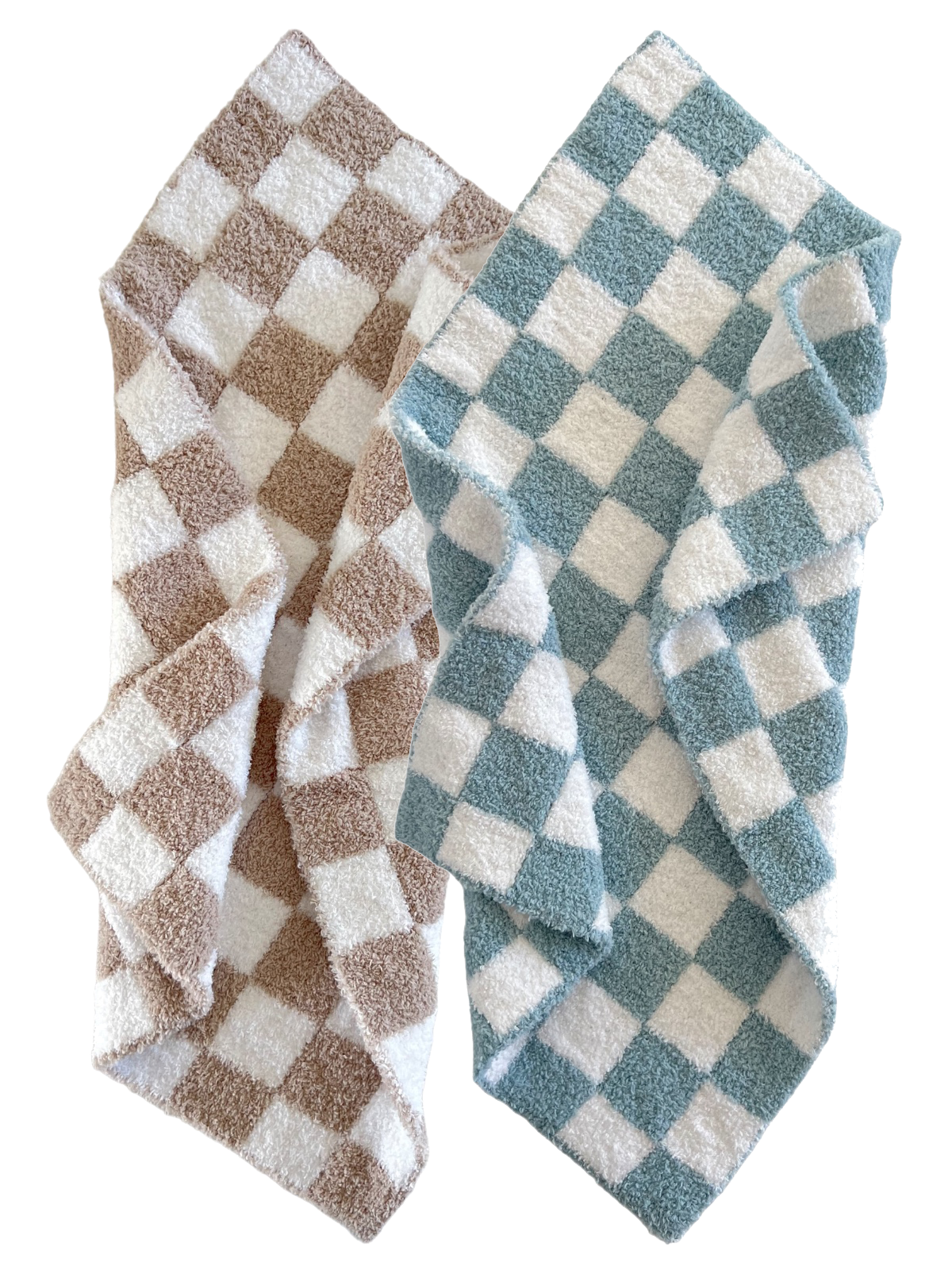 Two checkered towels in brown and white, and blue and white, arranged overlapping each other.