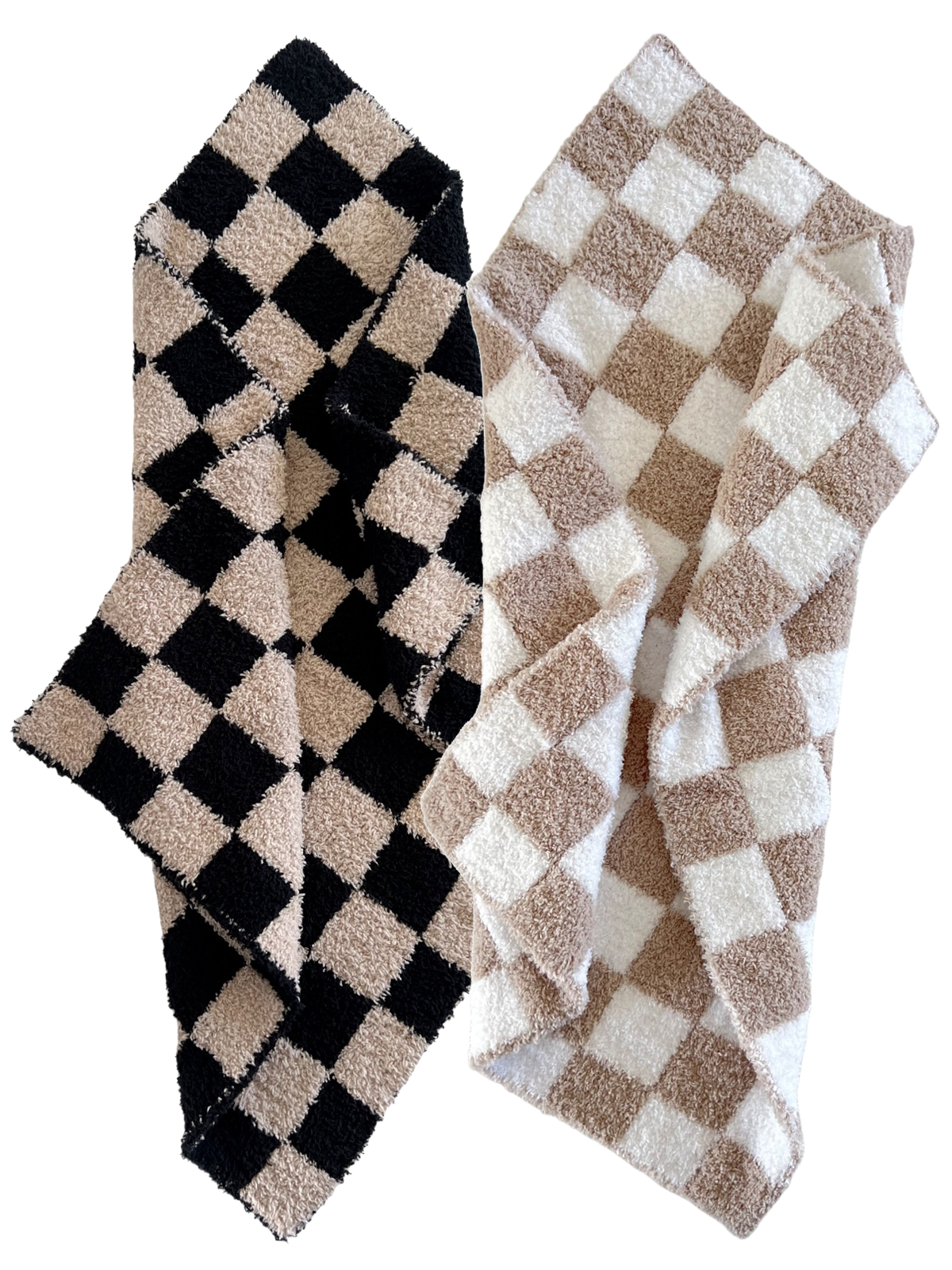Two overlapping checkered towels, one in black and beige, and the other in cream and light brown.