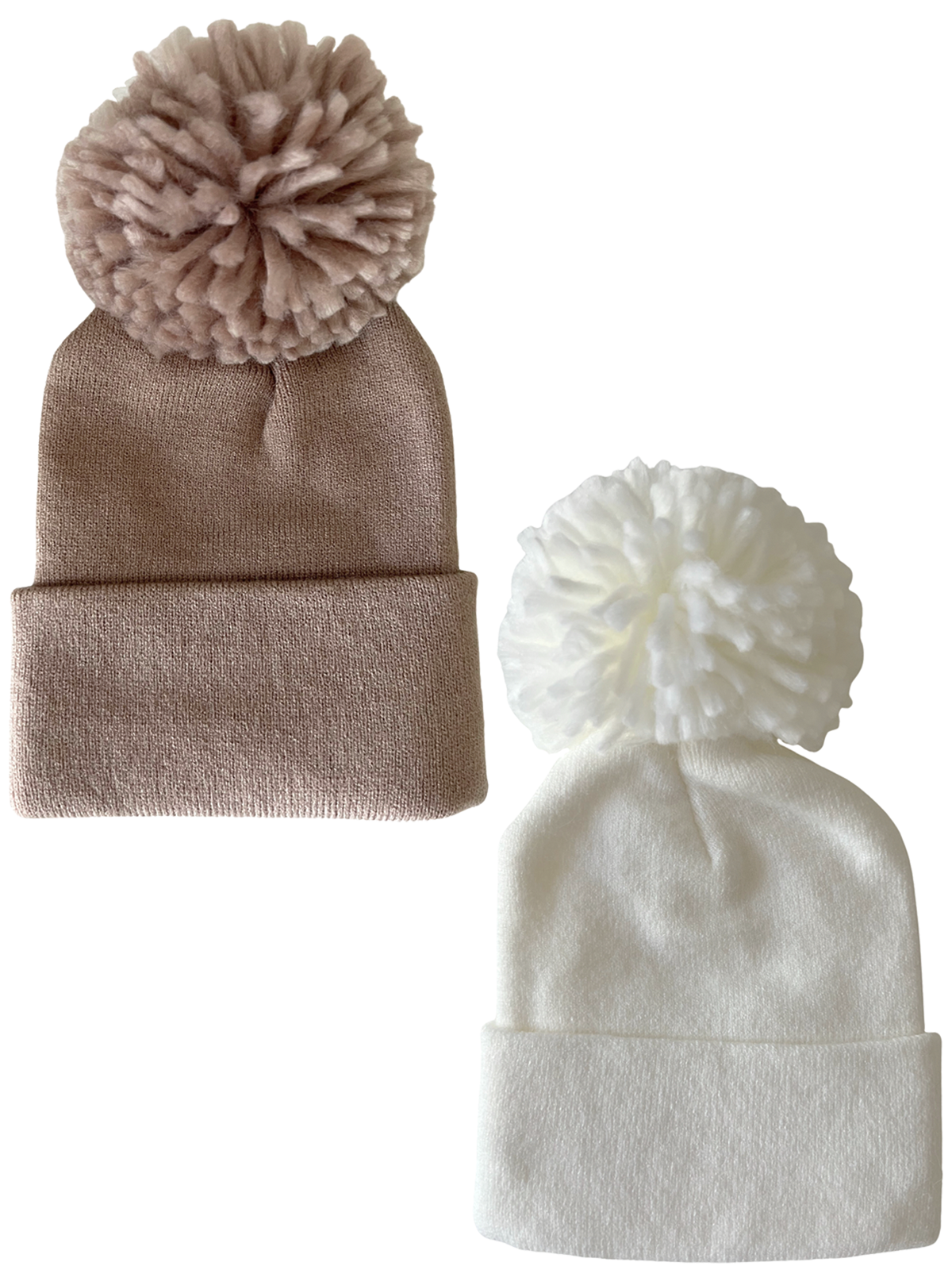 Two knit beanies, one in light brown and one in white, each topped with a fluffy pom-pom.