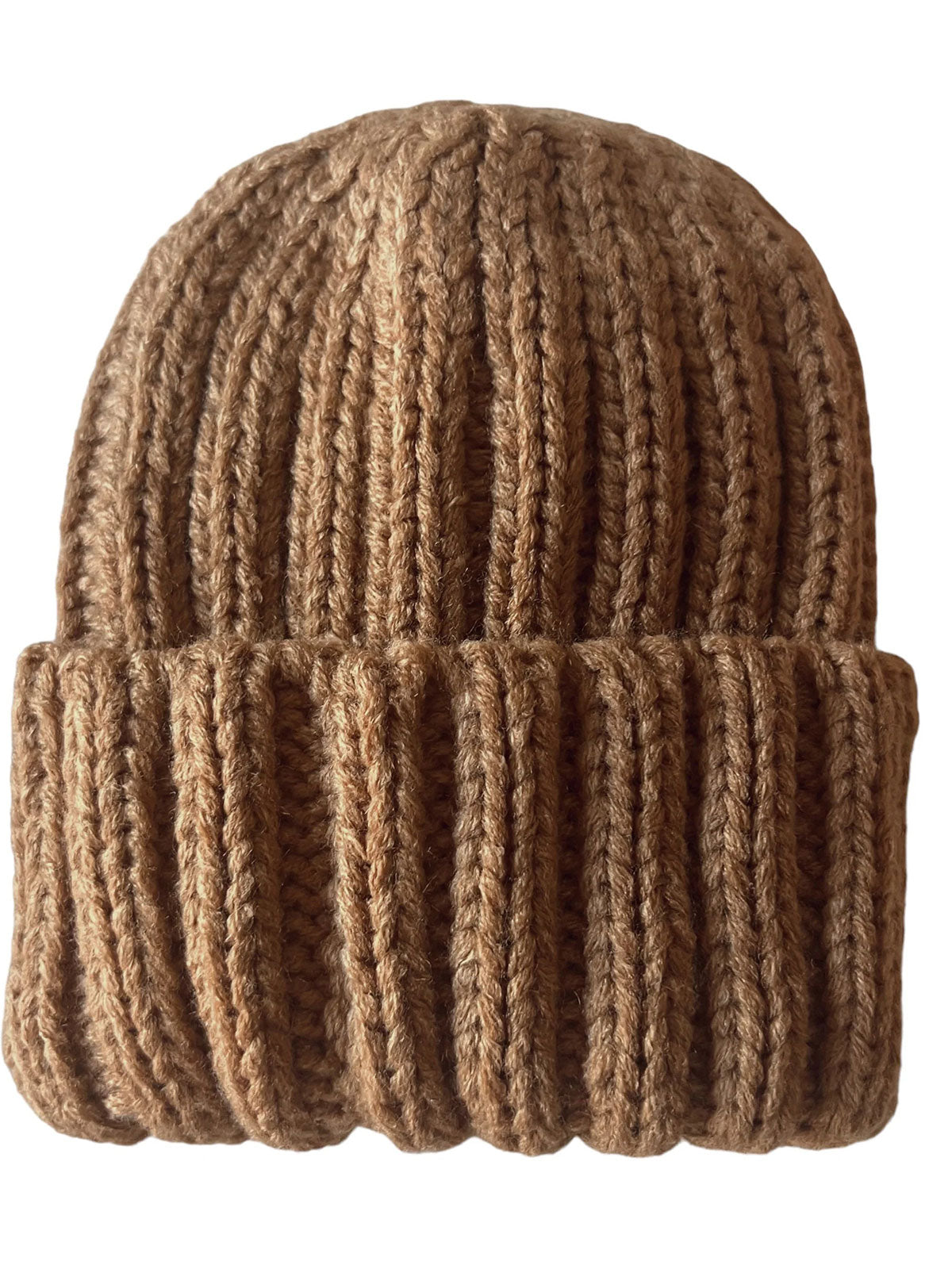 Brown knitted beanie hat with a ribbed design, suitable for winter wear.