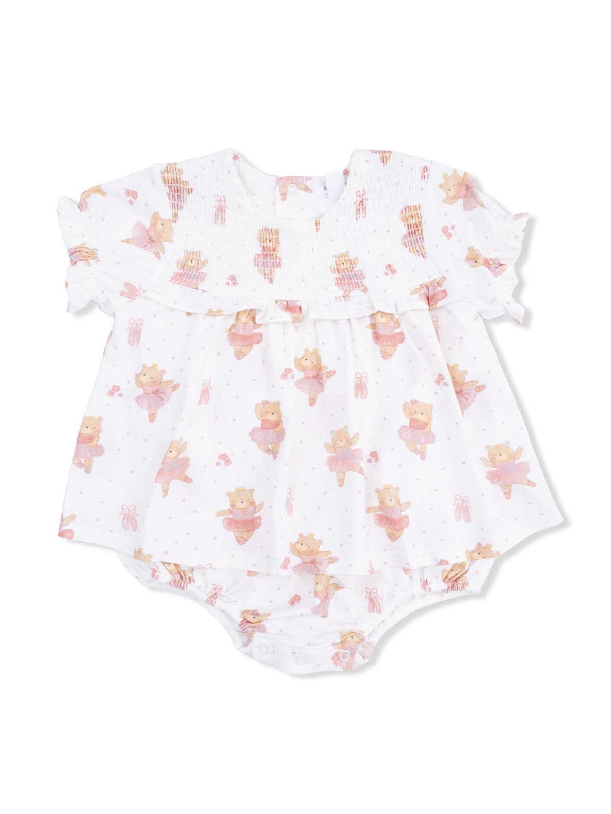 White baby dress with bear print and pink accents, featuring ruffled sleeves and snap closure at the bottom.