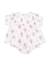 White baby dress with bear print and pink accents, featuring ruffled sleeves and snap closure at the bottom.