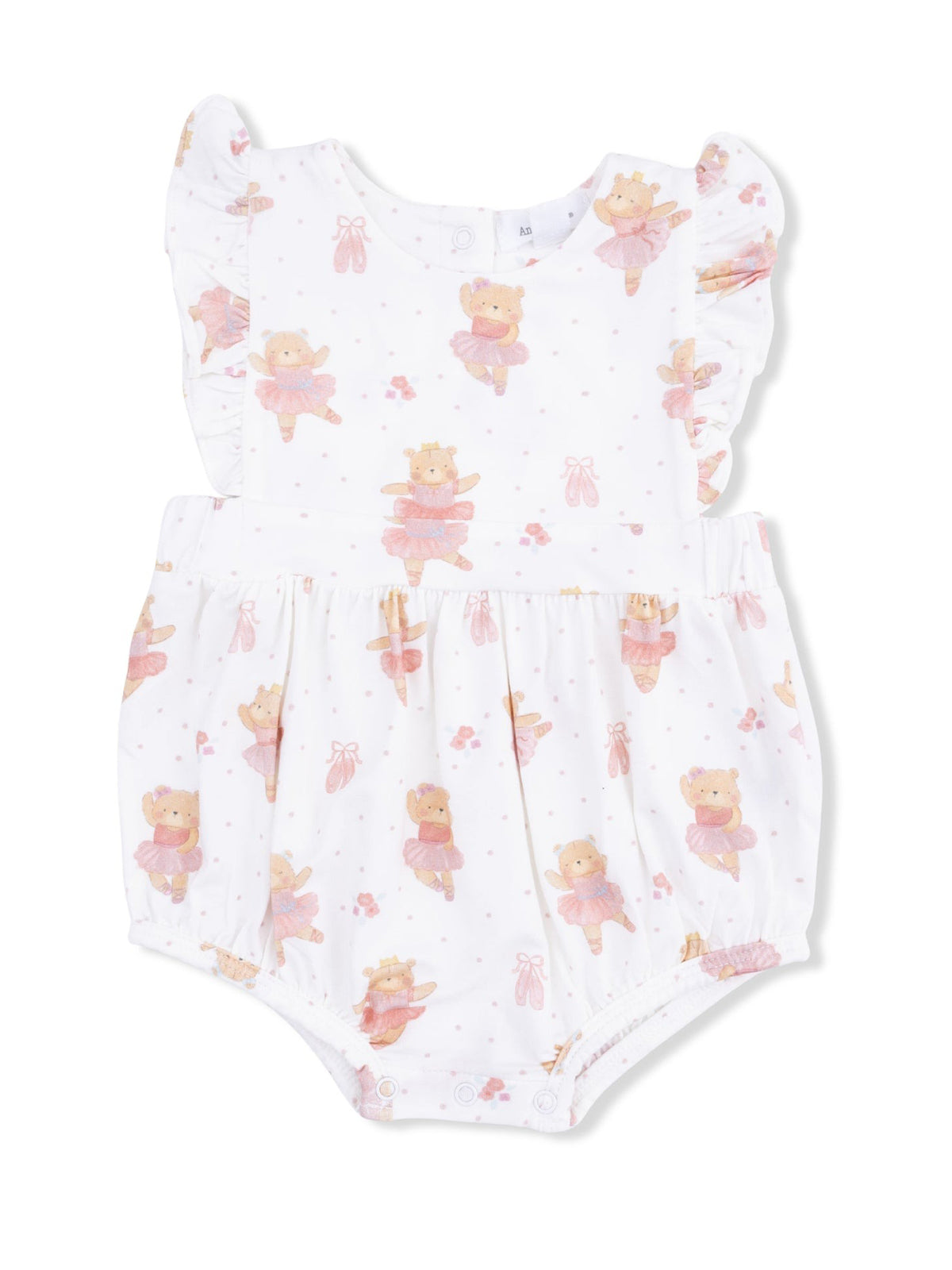 White baby romper with ballet bear prints and ruffled sleeves, perfect for playful, stylish infants.